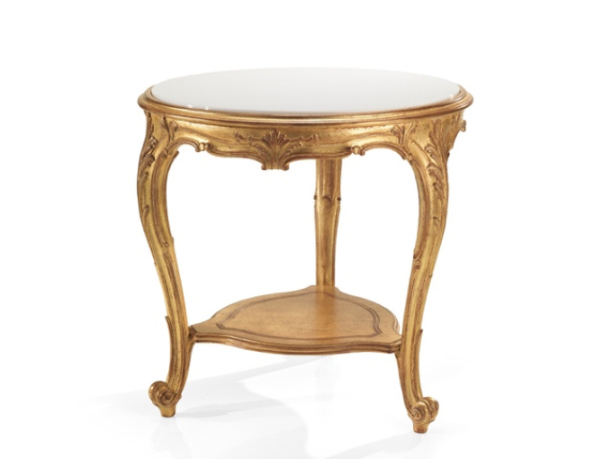 стіл Round Side Table With White Glass Top And Wooden Bottom Shelf